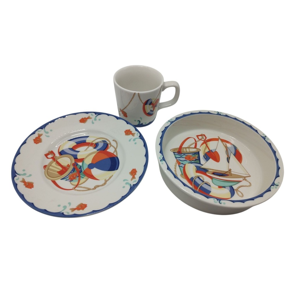 Tiffany Co Tiffany Seashore Porcelain Childs Plate Bowl and Cup Three Pieces SEE